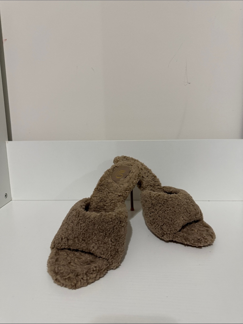 Jennifer Lopez Brown Faux-Shearling Open-Toe Mule Heels